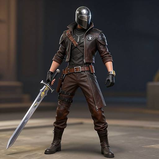 Photorealistic CGI of a masked, armored warrior in black leather coat, gloves, and boots, holding a large sword, standing confidently in a dim