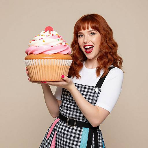 Photograph of a smiling woman with red hair, wearing a black-and-white checkered apron over a white shirt, holding a large cupcake with