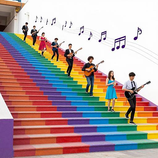 Photograph of six musicians playing instruments on colorful, rainbow-staircase steps with musical notes in the white background. Vibrant, lively, and dynamic