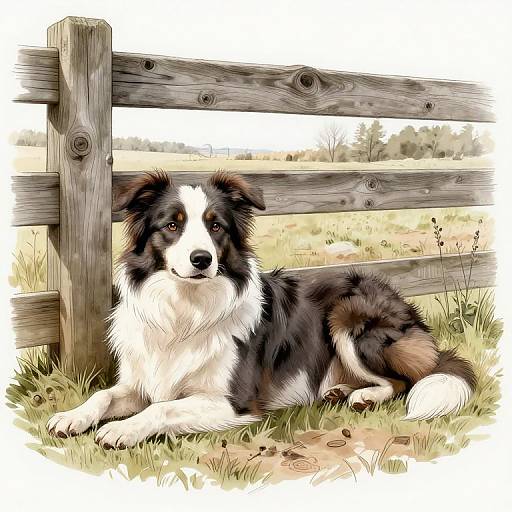 Digital illustration of a black-and-white Border Collie lying on grass beside a weathered wooden fence in a sunlit, grassy field.
