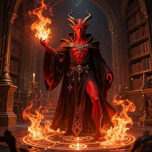 Digital artwork of a red-skinned, muscular demon with horns, wearing a black robe, holding a flame, standing in a library surrounded by fire and