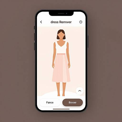 Photograph of a smartphone displaying a dress remover app interface, featuring a pink dress on a white background, with 