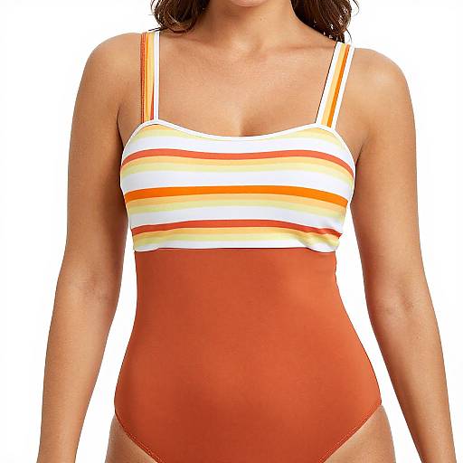 Photograph of a woman wearing a white and orange striped tankini top with high-waisted, solid orange bottoms, against a plain white background.