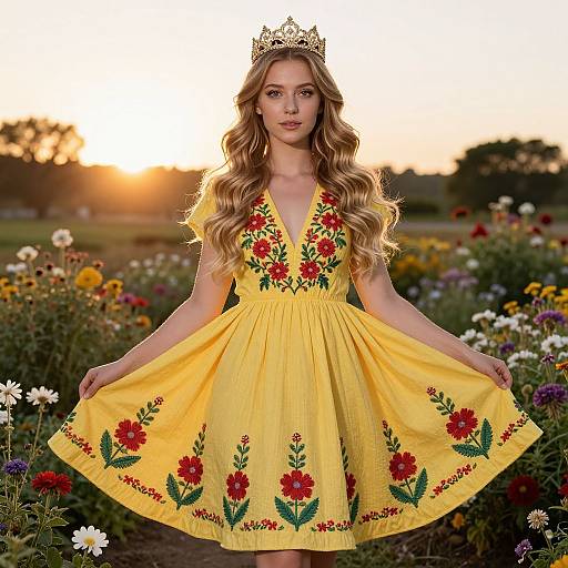Young Woman in Floral Dress at Sunset