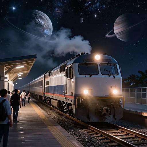 Photograph of a night train station with a steam-emitting train, people waiting, and a starry sky with two planets overhead.
