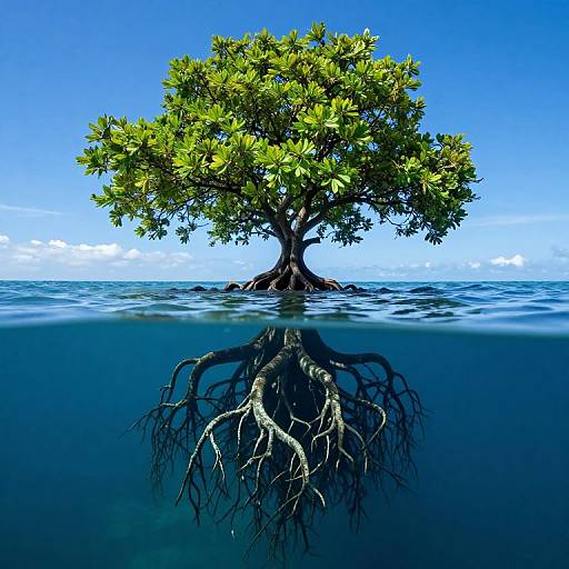 Photograph of a green-leaved tree with visible roots underwater, reflecting on the water's surface, against a clear blue sky.