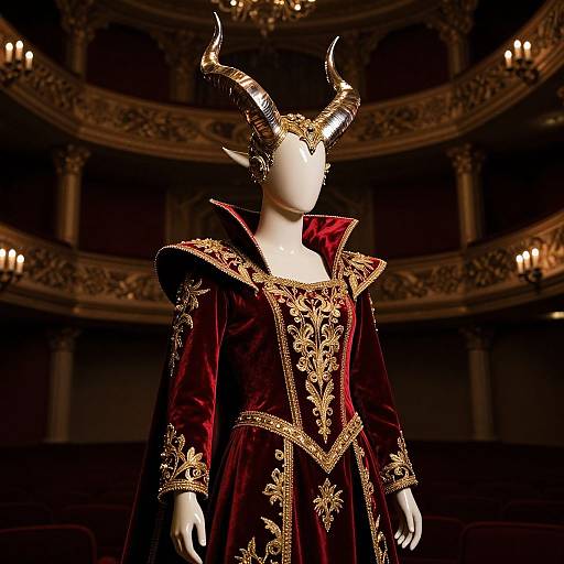 Photograph of a white mannequin in a luxurious, red velvet robe with gold embroidery, adorned with large, curved horns, in an ornate