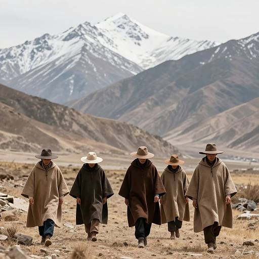 Photograph of five people in traditional long robes and wide-brimmed hats walking through a rocky, mountainous desert landscape with snow-capped peaks in