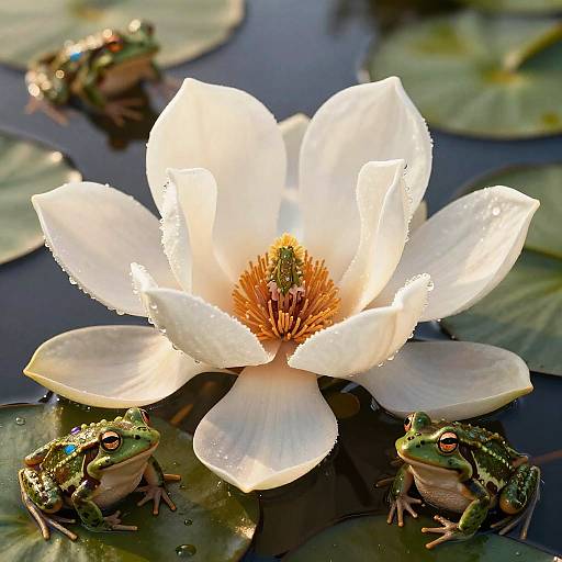 Photograph of a radiant white water lily in full bloom, surrounded by three green frogs on dark, reflective lily pads.