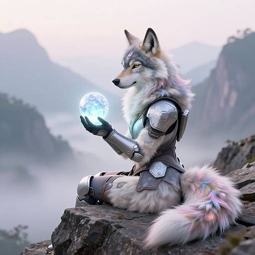 Digital artwork of a gray and white armored wolf with multicolored tail, holding a glowing blue orb on a rocky mountain ledge.