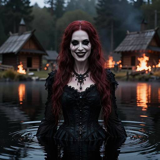 Digital artwork of a pale, red-haired woman with black lipstick and white face paint, wearing a black lace dress, standing in a dark, misty