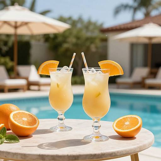 Photograph of two tall glasses with orange slices, straws, and iced drinks on a poolside table, with whole and halved oranges and