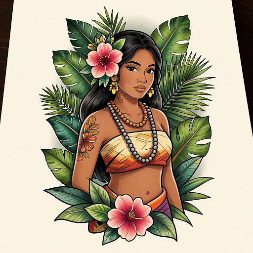 Digital illustration of a beautiful, dark-skinned woman with long black hair, adorned with flowers, wearing a yellow strapless top, beaded necklace,