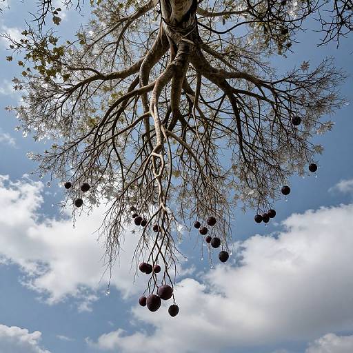 Photograph of a tree with gnarled branches and dark, round fruits against a bright blue sky with scattered white clouds.
