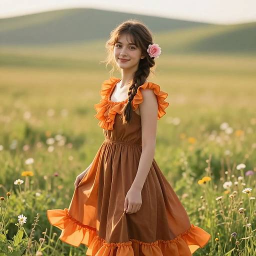 Photograph of a young girl with dark braided hair, pink flower, wearing an orange-rimmed brown dress, standing in a sunlit me