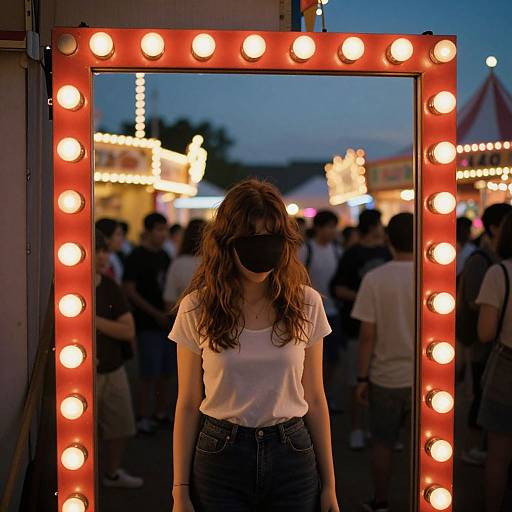 Photograph of a woman with wavy brown hair, wearing a white t-shirt and blue jeans, standing in front of a bright red-lit mirror