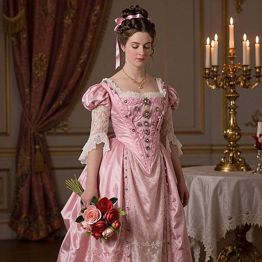 Photograph of a fair-skinned woman in pink Victorian-era dress with lace trim, holding red roses, standing in dimly lit room with candles and