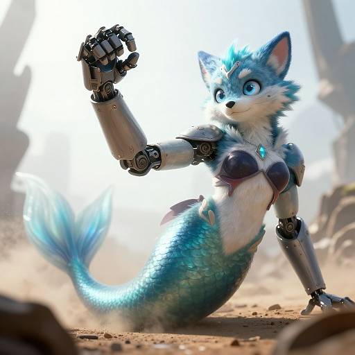 Digital CGI of a blue-furred, robotic mermaid fox with glowing cyan tail, metallic arms, and chest armor, posing confidently in a sunlit