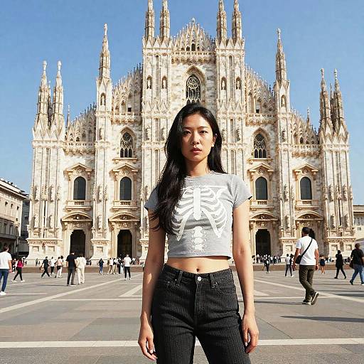 Photograph of an Asian woman with long black hair, wearing a white crop top and black pants, standing in front of Milan's Gothic-style Duomo