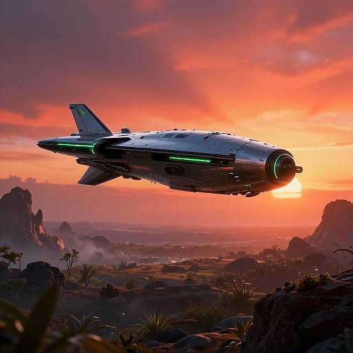 Photorealistic CGI of a sleek, futuristic spaceship with green lights flying over a vibrant, orange sunset landscape with rocky terrain and silhouetted foliage