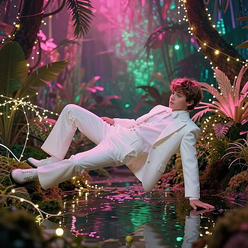 Photograph of a young man in a white suit, white shoes, and brown hair, reclining by a glowing, neon-lit jungle pond with