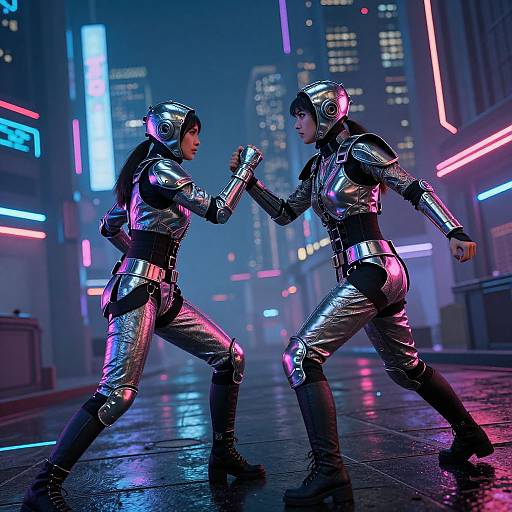 Digital artwork: Two women in futuristic, silver armor and neon-lit headgear engage in a fierce hand-to-hand combat in a neon-lit,