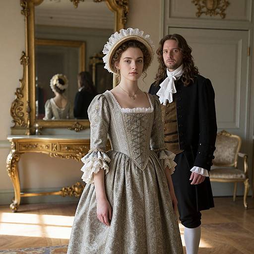 Photograph of a young woman in an 18th-century dress with a white bonnet and a long-haired man in period attire, standing in a