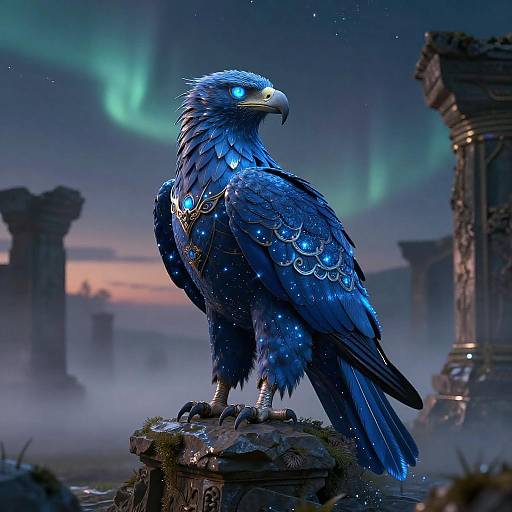 Digital artwork of a glowing blue, mythical raven with iridescent feathers, standing on a rock amidst ancient ruins under a vibrant aurora borealis