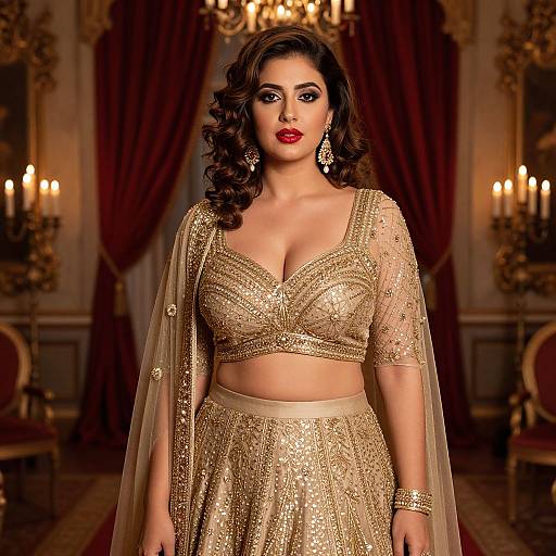 Photograph of a curvy woman with medium skin tone, dark wavy hair, red lipstick, wearing gold, sequined traditional outfit, standing in