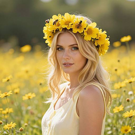 Blonde woman with wavy hair and a yellow flower crown stands in a sunlit field of bright yellow daisies. Photo.