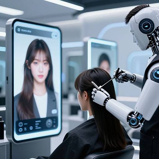 Photograph of a futuristic salon: A human with long black hair sits, receiving a robotic haircut, while a large screen displays a virtual hair model in
