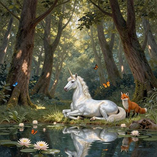 Photorealistic digital painting of a serene forest with a white unicorn lying by a reflective pond, surrounded by orange fox, butterflies, and white lotus