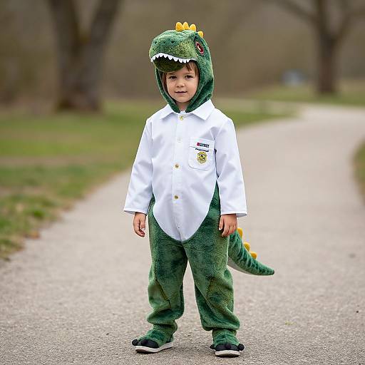 Photograph of a young boy in a dinosaur costume, standing on a park path with green and white outfit, yellow spikes, and a playful expression.
