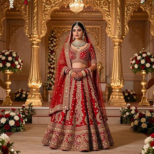 Photograph of an Indian bride in a red and gold traditional lehenga and dupatta, standing in an ornate, gold-decorated hall with