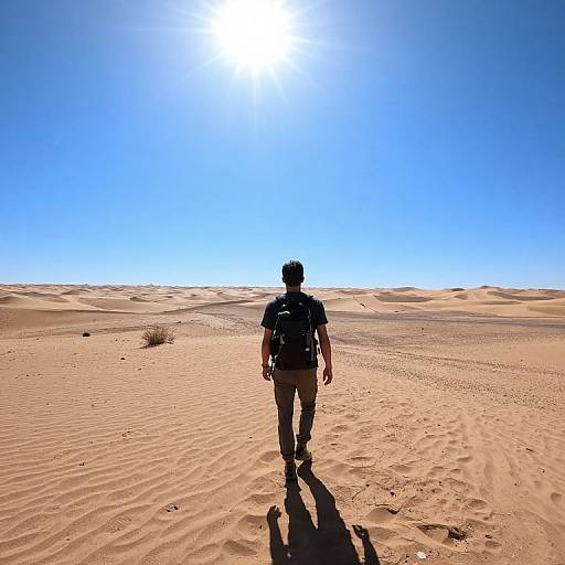 Photograph of a lone hiker with a backpack walking through a vast, sunlit desert with rippled sand and clear blue sky.