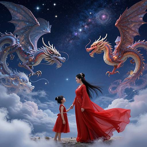 Digital art of a woman in a flowing red dress holding a child's hand, facing two majestic, colorful dragons under a starry sky.