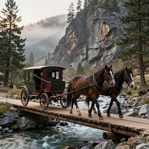 Vintage Stagecoach Crossing Mountain River