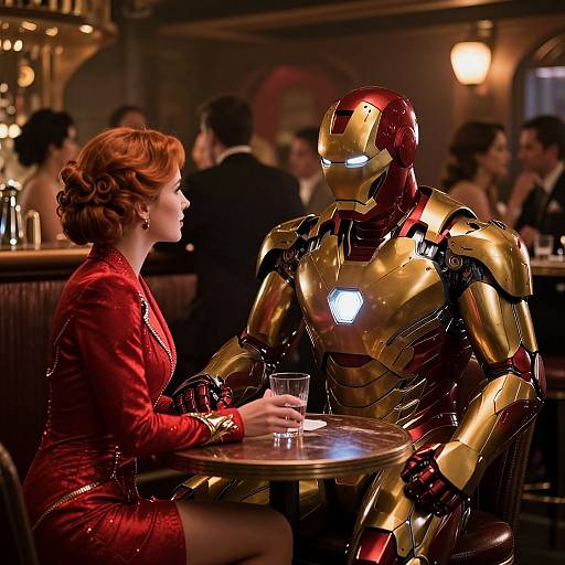 Photograph-style CGI of a red-haired woman in a red dress and a gold and red Iron Man suit sitting at a bar, holding a glass,