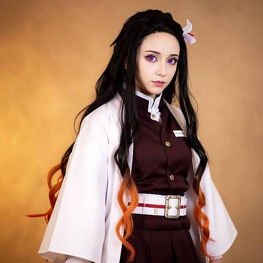 Digital anime-style portrait of a young woman with long black hair, purple eyes, wearing a white cape, black vest, and white belt, against a