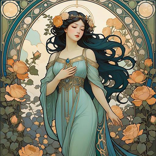 Art Nouveau Woman with Roses and Halo