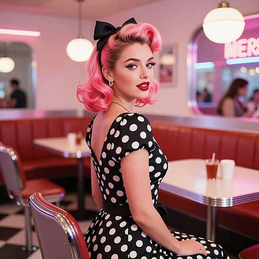 Vintage Pin-Up Girl with Peekaboo Color Hairstyle in Retro Diner