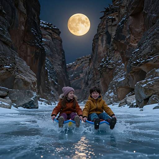 Photograph of two children, one in an orange jacket, the other in a yellow jacket, sled riding through a snowy canyon at night under a bright