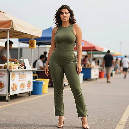 Photograph of a curvy woman with dark curly hair, wearing a form-fitting olive green jumpsuit and beige heels, standing confidently at an outdoor
