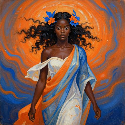 Digital painting of a dark-skinned African woman with curly hair adorned with blue and orange flowers, wearing a white and blue draped garment, set against a