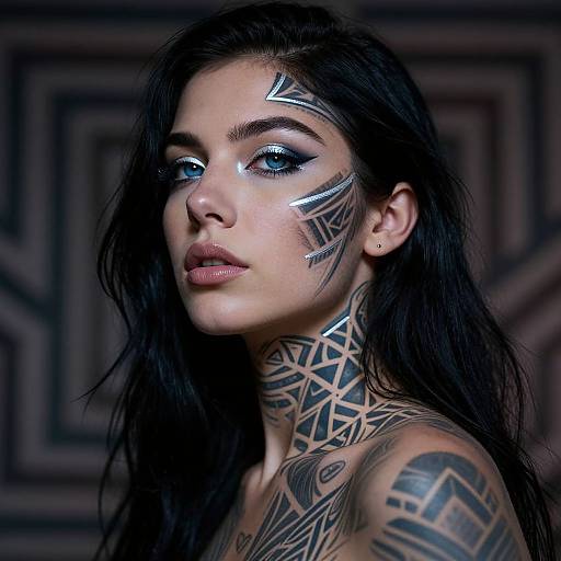 Photograph of a tattooed woman with long black hair, blue eyeshadow, and geometric tribal face and neck markings, gazing forward. Dark