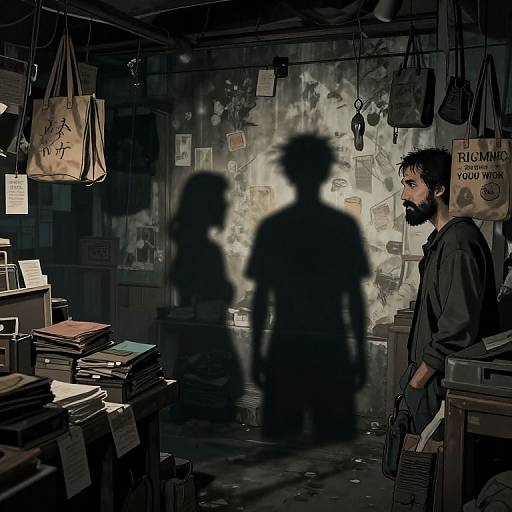 Photograph-like digital art: Silhouetted figures shadow a bearded man in a dim, cluttered bookshop with hanging bags and posters,