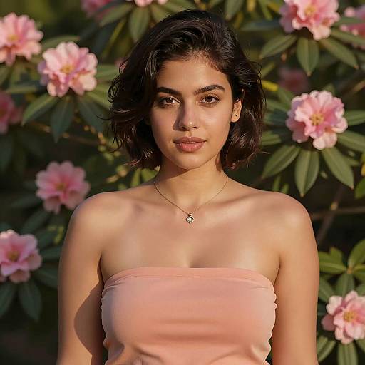 Elegant Young Woman Among Pink Flowers