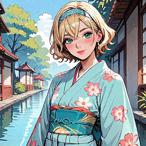 Joyful Girl in Pink Yukata Outdoors