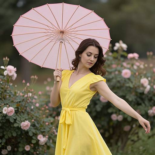 Woman in Yellow Dress with Pink Parasol
