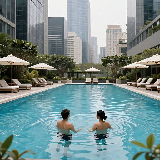 Photograph of two shirtless men with short dark hair, standing in a clear blue urban rooftop pool, surrounded by tall glass buildings, white umbrellas